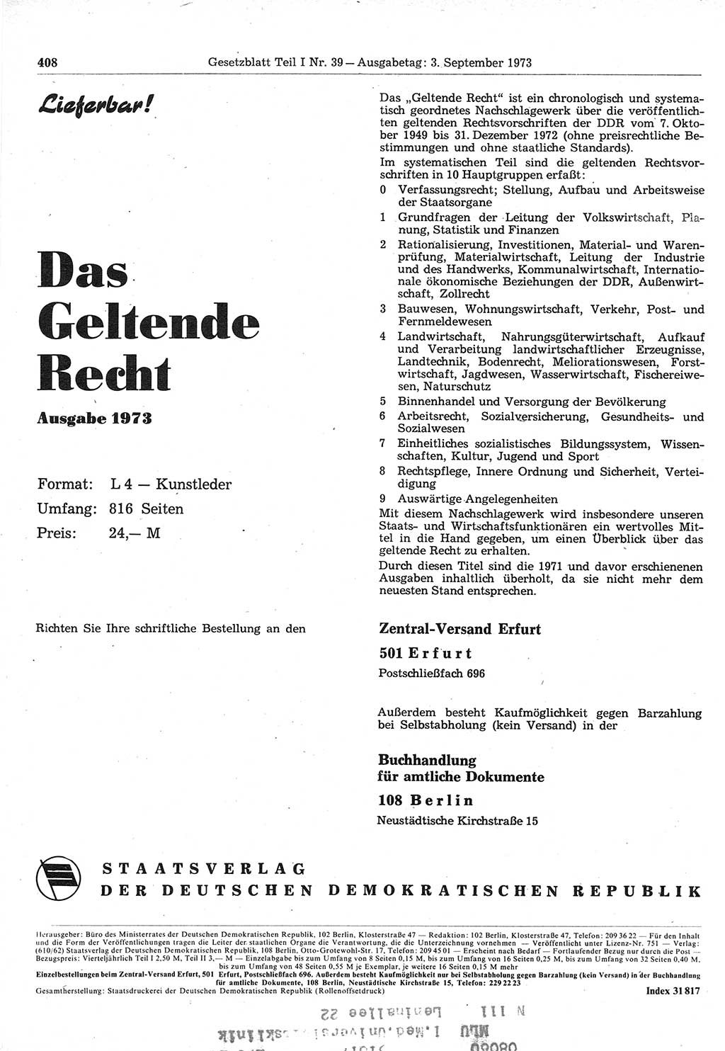 Gesetzblatt (GBl.) der Deutschen Demokratischen Republik (DDR) Teil Ⅰ 1973, Seite 408 (GBl. DDR Ⅰ 1973, S. 408)