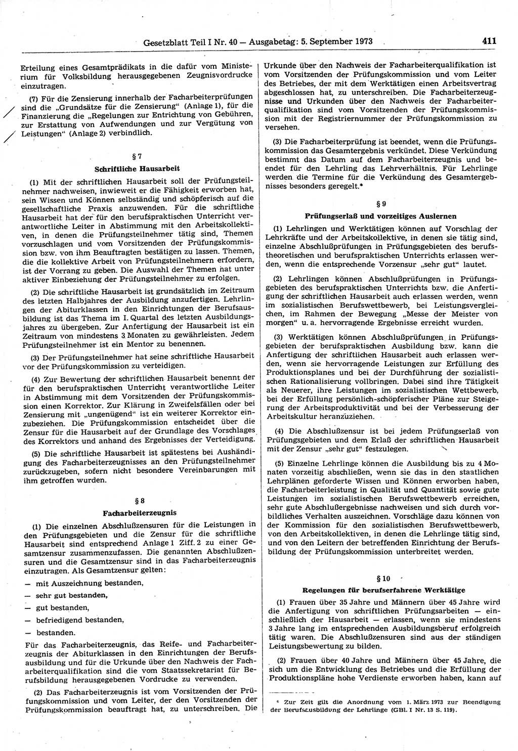 Gesetzblatt (GBl.) der Deutschen Demokratischen Republik (DDR) Teil Ⅰ 1973, Seite 411 (GBl. DDR Ⅰ 1973, S. 411)