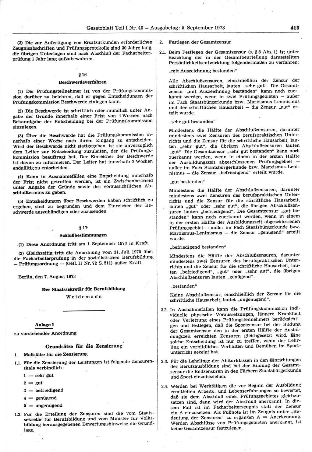 Gesetzblatt (GBl.) der Deutschen Demokratischen Republik (DDR) Teil Ⅰ 1973, Seite 413 (GBl. DDR Ⅰ 1973, S. 413)