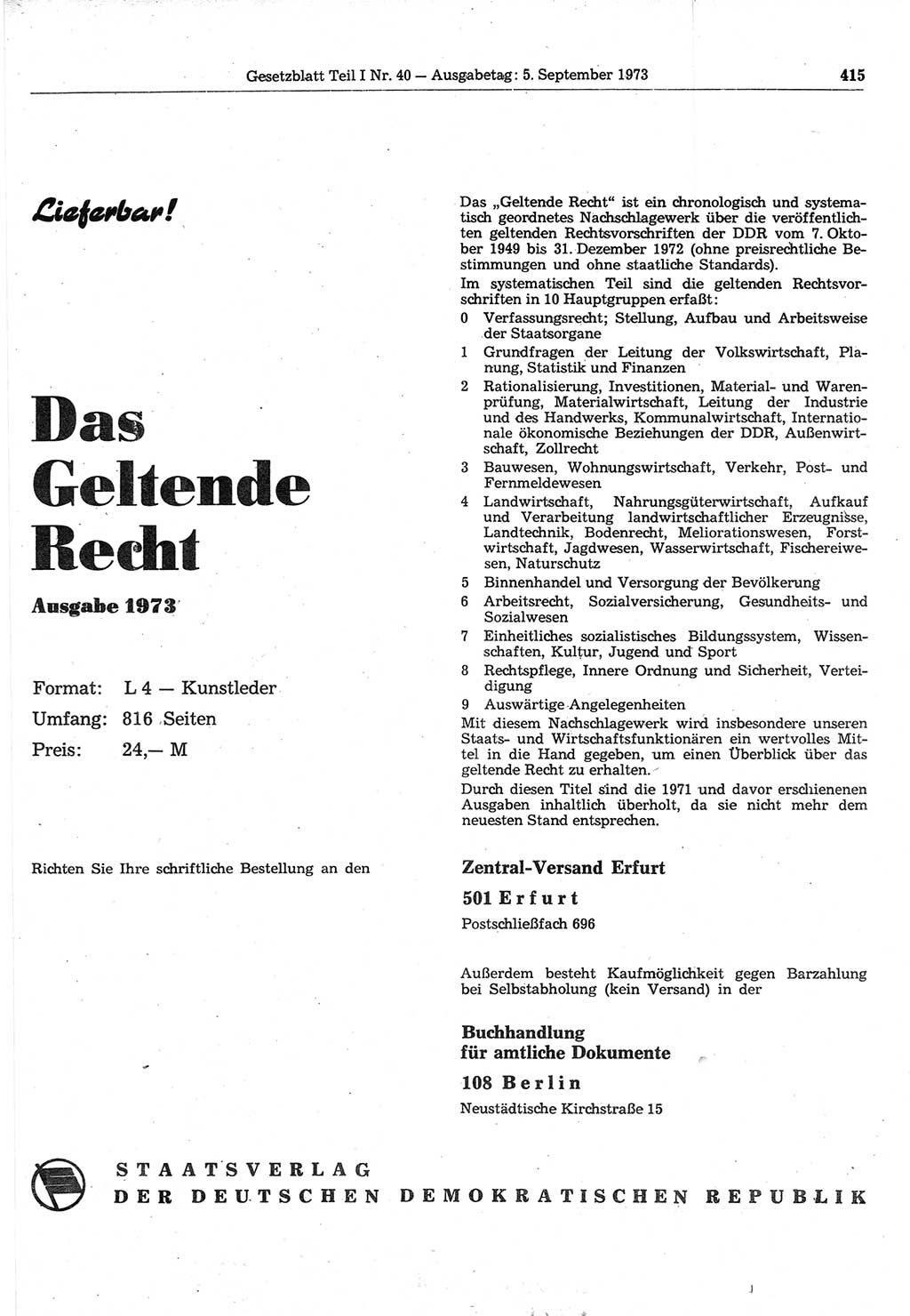 Gesetzblatt (GBl.) der Deutschen Demokratischen Republik (DDR) Teil Ⅰ 1973, Seite 415 (GBl. DDR Ⅰ 1973, S. 415)