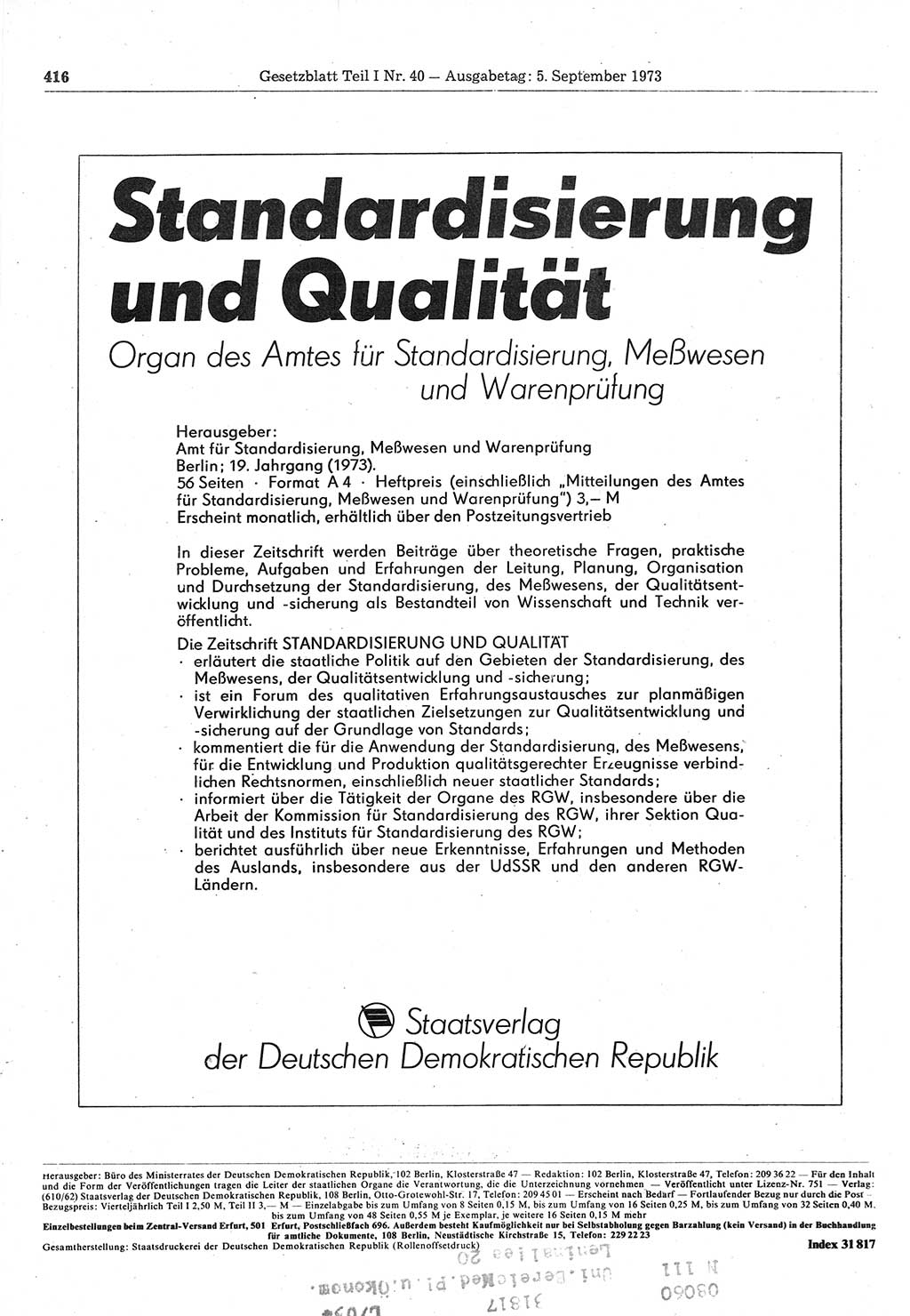 Gesetzblatt (GBl.) der Deutschen Demokratischen Republik (DDR) Teil Ⅰ 1973, Seite 416 (GBl. DDR Ⅰ 1973, S. 416)