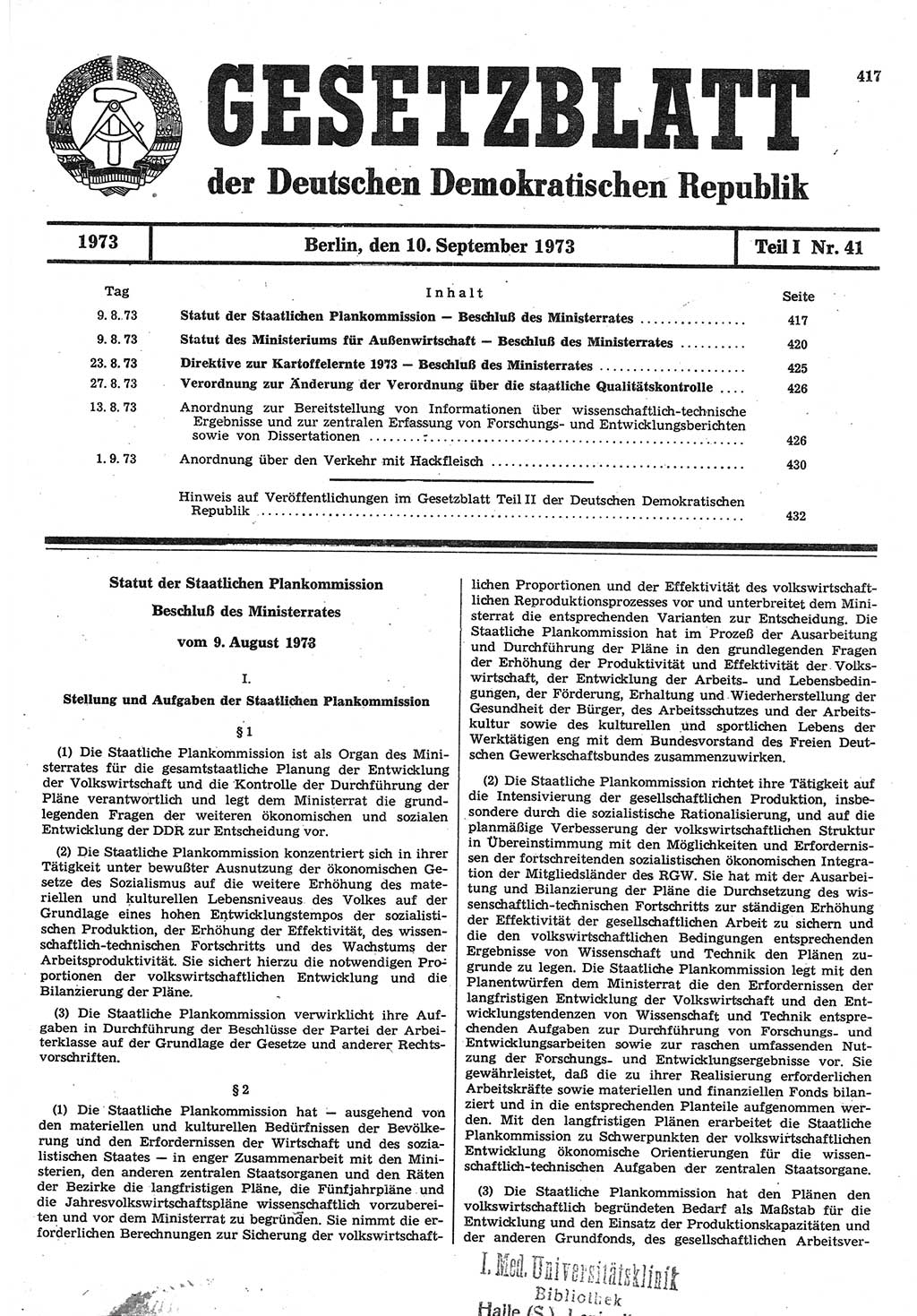 Gesetzblatt (GBl.) der Deutschen Demokratischen Republik (DDR) Teil Ⅰ 1973, Seite 417 (GBl. DDR Ⅰ 1973, S. 417)