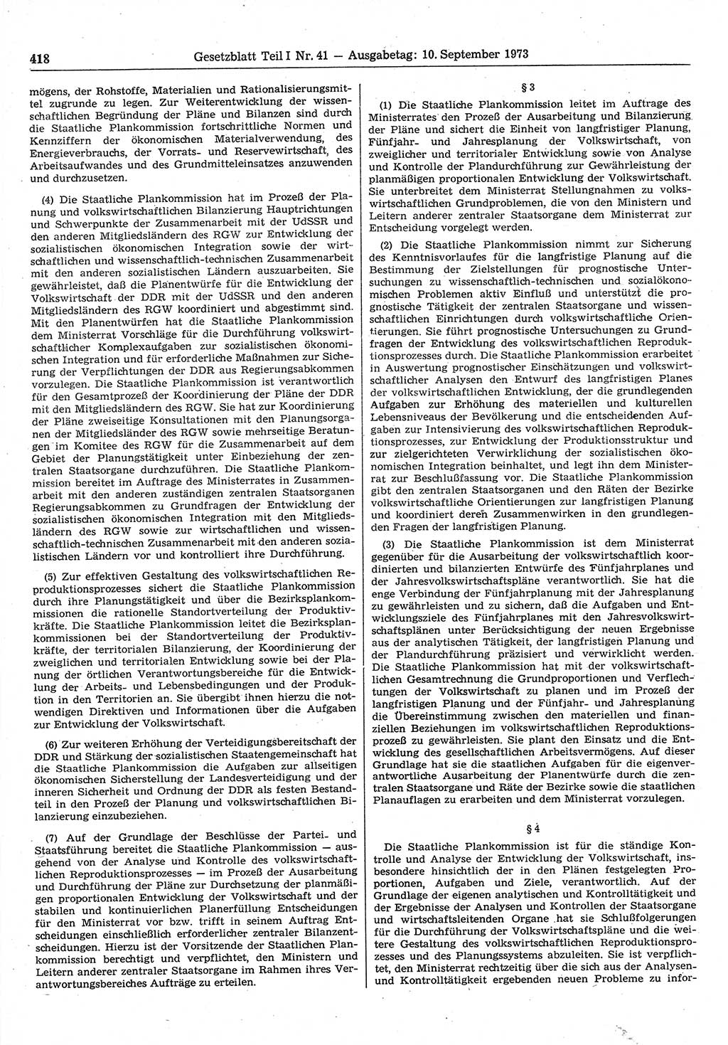Gesetzblatt (GBl.) der Deutschen Demokratischen Republik (DDR) Teil Ⅰ 1973, Seite 418 (GBl. DDR Ⅰ 1973, S. 418)