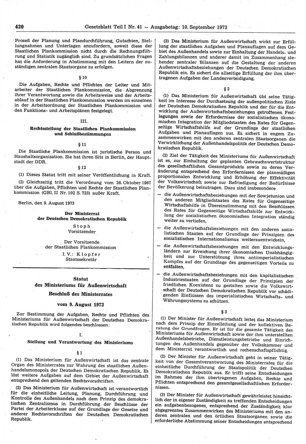 Gesetzblatt (GBl.) der Deutschen Demokratischen Republik (DDR) Teil Ⅰ 1973, Seite 420 (GBl. DDR Ⅰ 1973, S. 420)