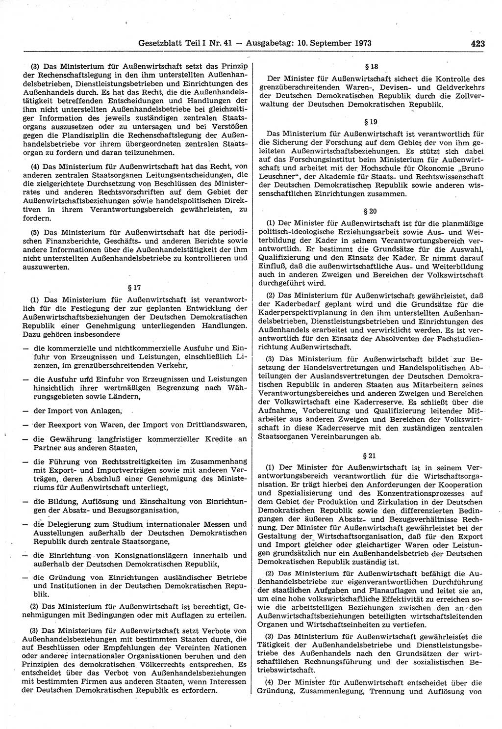 Gesetzblatt (GBl.) der Deutschen Demokratischen Republik (DDR) Teil Ⅰ 1973, Seite 423 (GBl. DDR Ⅰ 1973, S. 423)