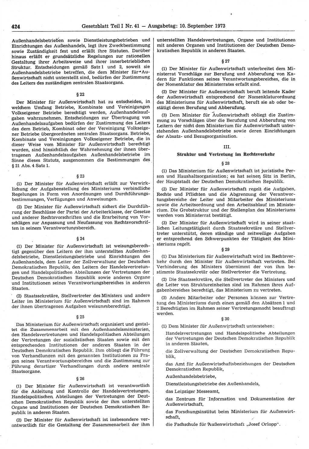 Gesetzblatt (GBl.) der Deutschen Demokratischen Republik (DDR) Teil Ⅰ 1973, Seite 424 (GBl. DDR Ⅰ 1973, S. 424)