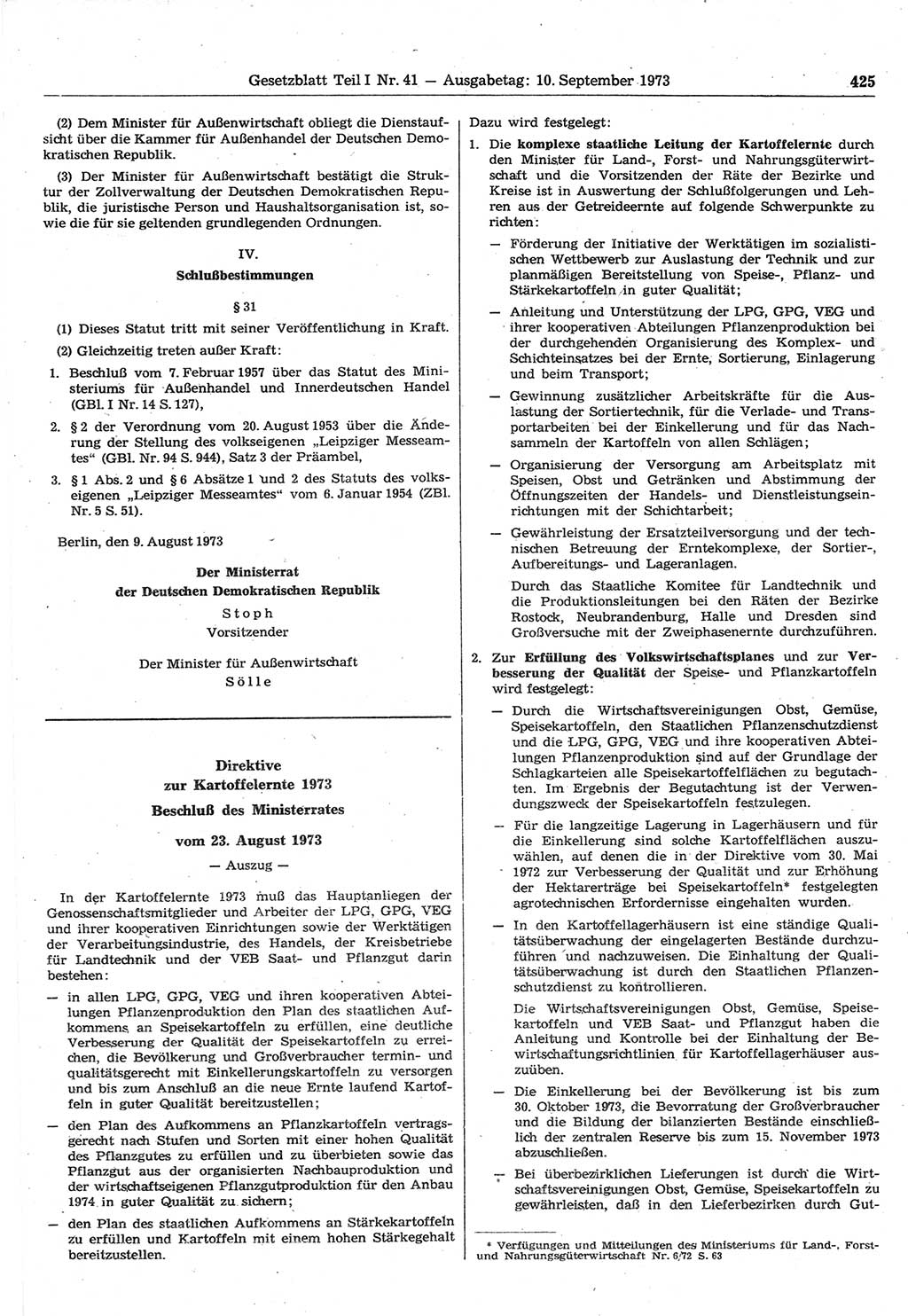 Gesetzblatt (GBl.) der Deutschen Demokratischen Republik (DDR) Teil Ⅰ 1973, Seite 425 (GBl. DDR Ⅰ 1973, S. 425)