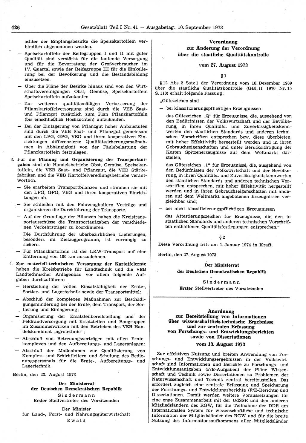 Gesetzblatt (GBl.) der Deutschen Demokratischen Republik (DDR) Teil Ⅰ 1973, Seite 426 (GBl. DDR Ⅰ 1973, S. 426)