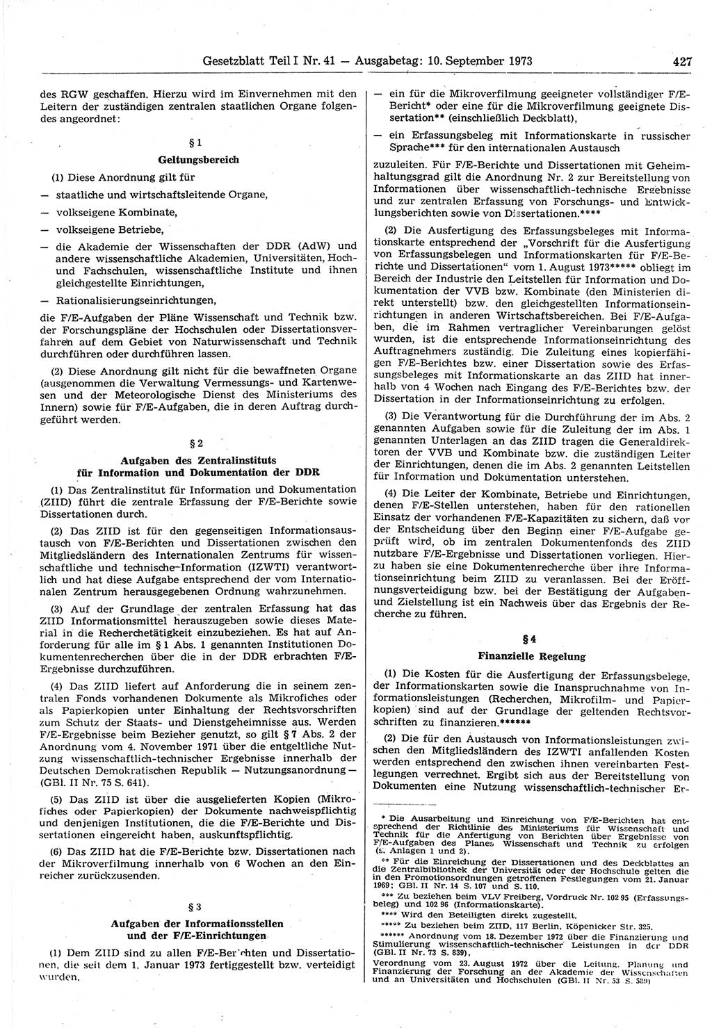 Gesetzblatt (GBl.) der Deutschen Demokratischen Republik (DDR) Teil Ⅰ 1973, Seite 427 (GBl. DDR Ⅰ 1973, S. 427)