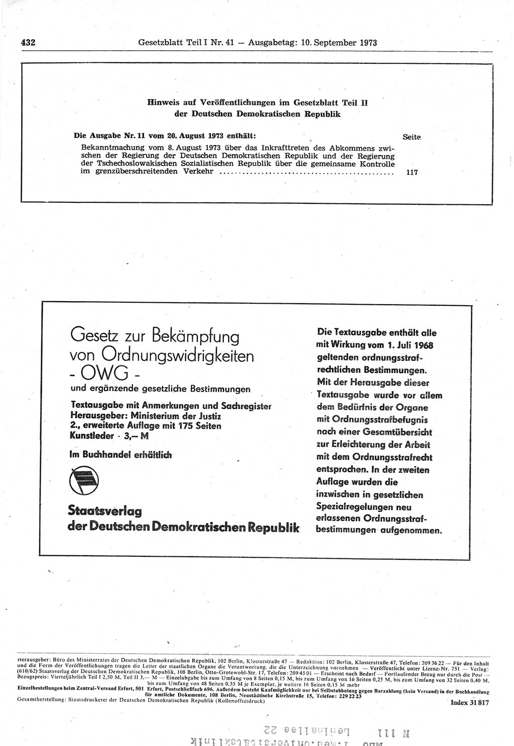 Gesetzblatt (GBl.) der Deutschen Demokratischen Republik (DDR) Teil Ⅰ 1973, Seite 432 (GBl. DDR Ⅰ 1973, S. 432)