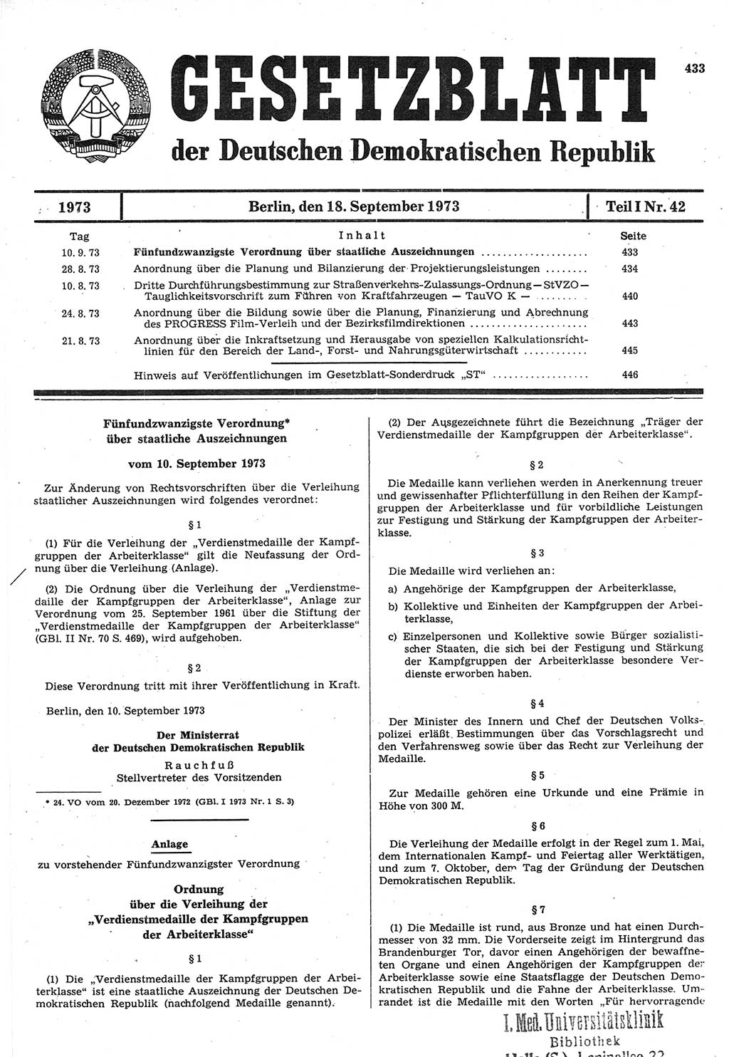 Gesetzblatt (GBl.) der Deutschen Demokratischen Republik (DDR) Teil Ⅰ 1973, Seite 433 (GBl. DDR Ⅰ 1973, S. 433)
