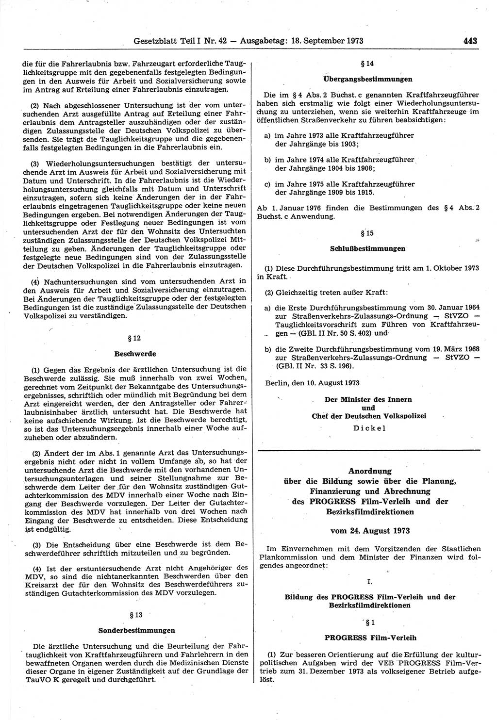 Gesetzblatt (GBl.) der Deutschen Demokratischen Republik (DDR) Teil Ⅰ 1973, Seite 443 (GBl. DDR Ⅰ 1973, S. 443)