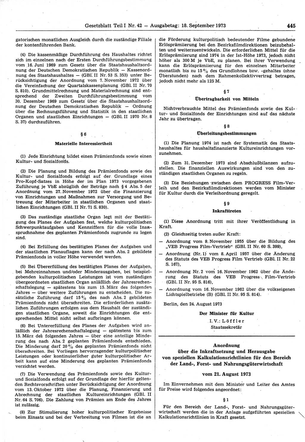 Gesetzblatt (GBl.) der Deutschen Demokratischen Republik (DDR) Teil Ⅰ 1973, Seite 445 (GBl. DDR Ⅰ 1973, S. 445)