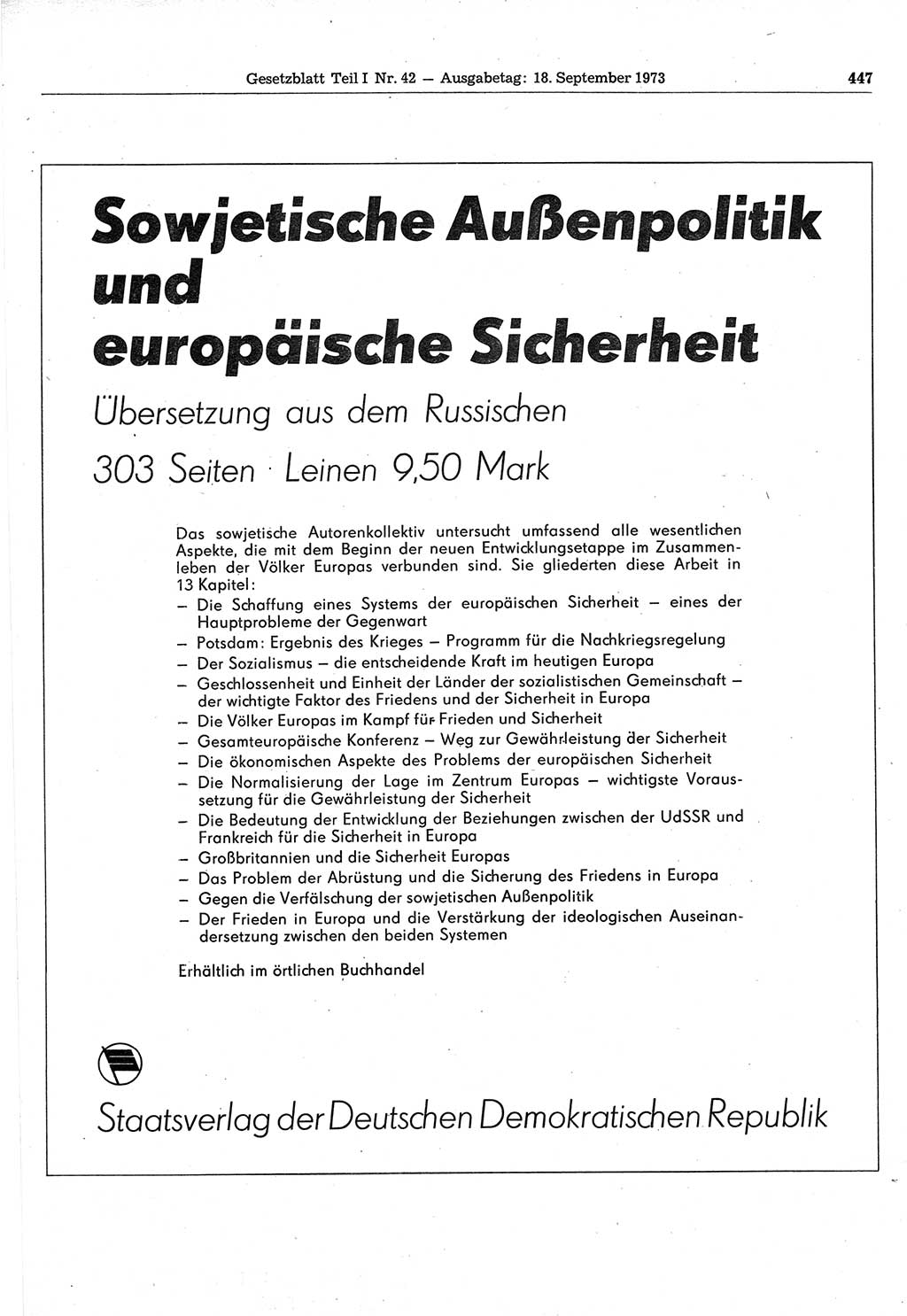 Gesetzblatt (GBl.) der Deutschen Demokratischen Republik (DDR) Teil Ⅰ 1973, Seite 447 (GBl. DDR Ⅰ 1973, S. 447)
