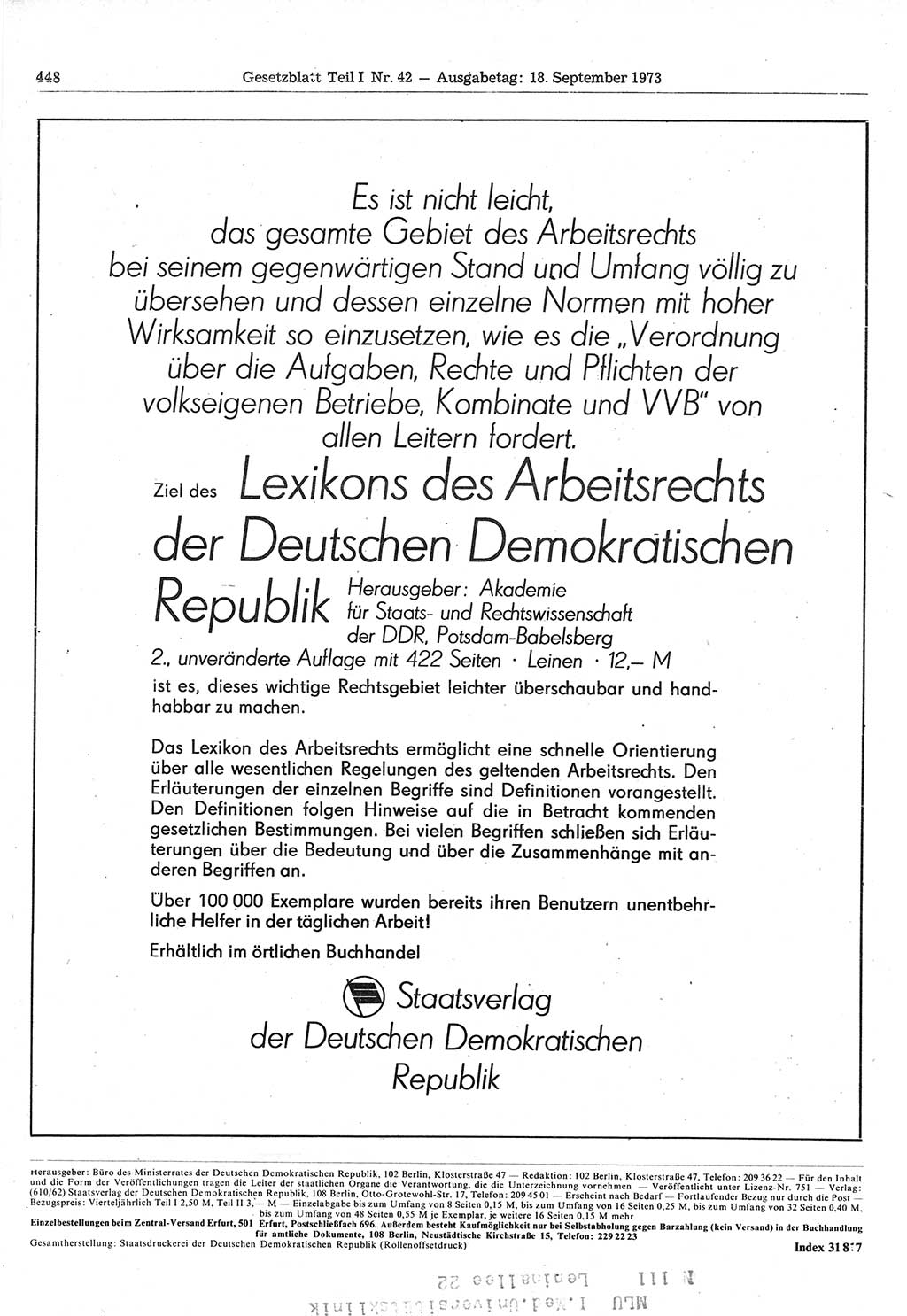 Gesetzblatt (GBl.) der Deutschen Demokratischen Republik (DDR) Teil Ⅰ 1973, Seite 448 (GBl. DDR Ⅰ 1973, S. 448)