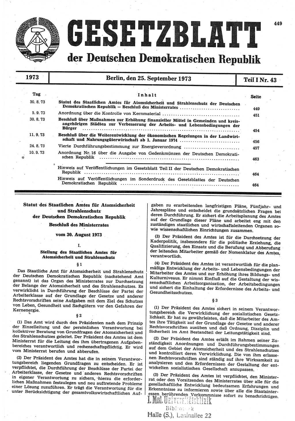 Gesetzblatt (GBl.) der Deutschen Demokratischen Republik (DDR) Teil Ⅰ 1973, Seite 449 (GBl. DDR Ⅰ 1973, S. 449)