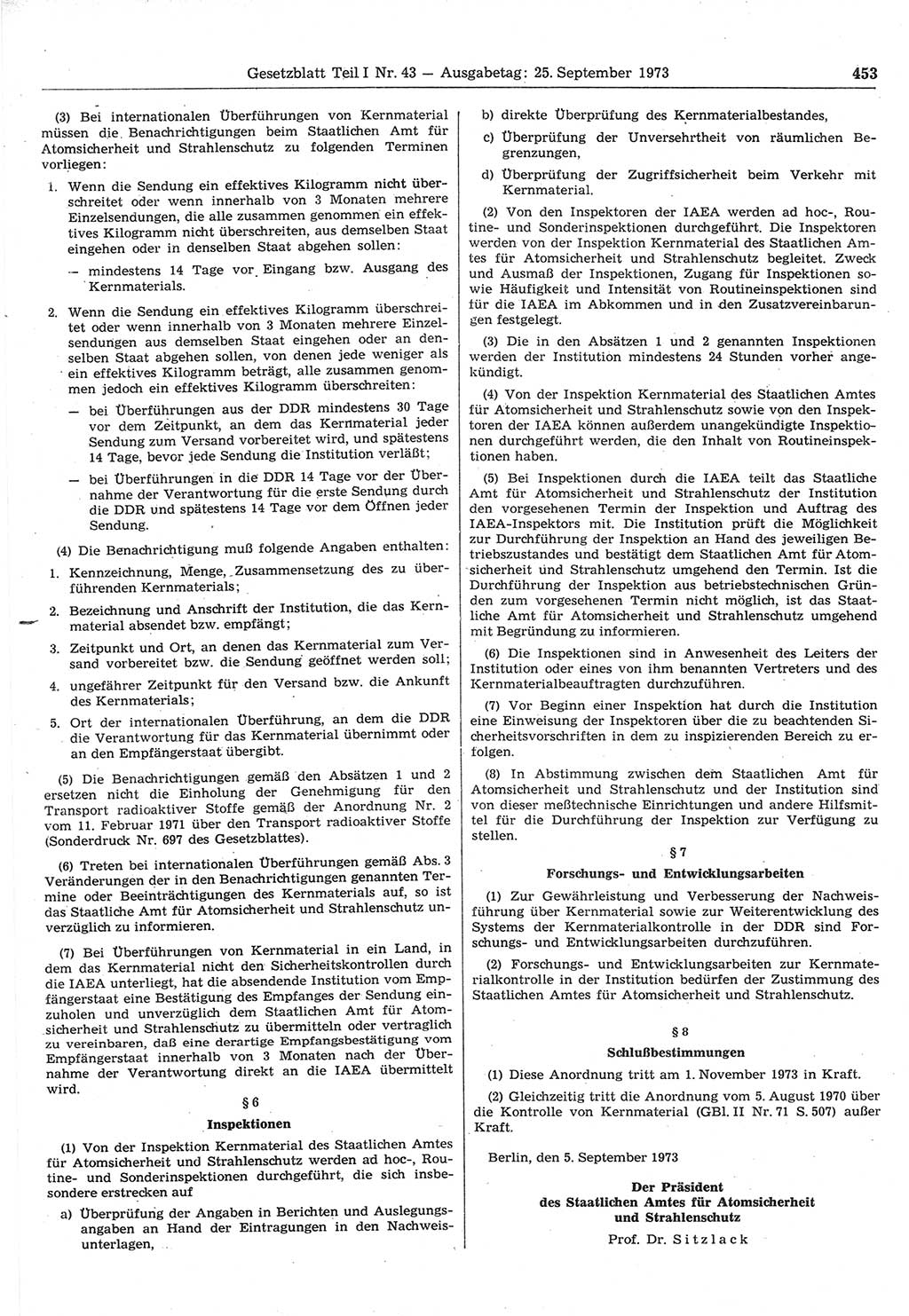 Gesetzblatt (GBl.) der Deutschen Demokratischen Republik (DDR) Teil Ⅰ 1973, Seite 453 (GBl. DDR Ⅰ 1973, S. 453)