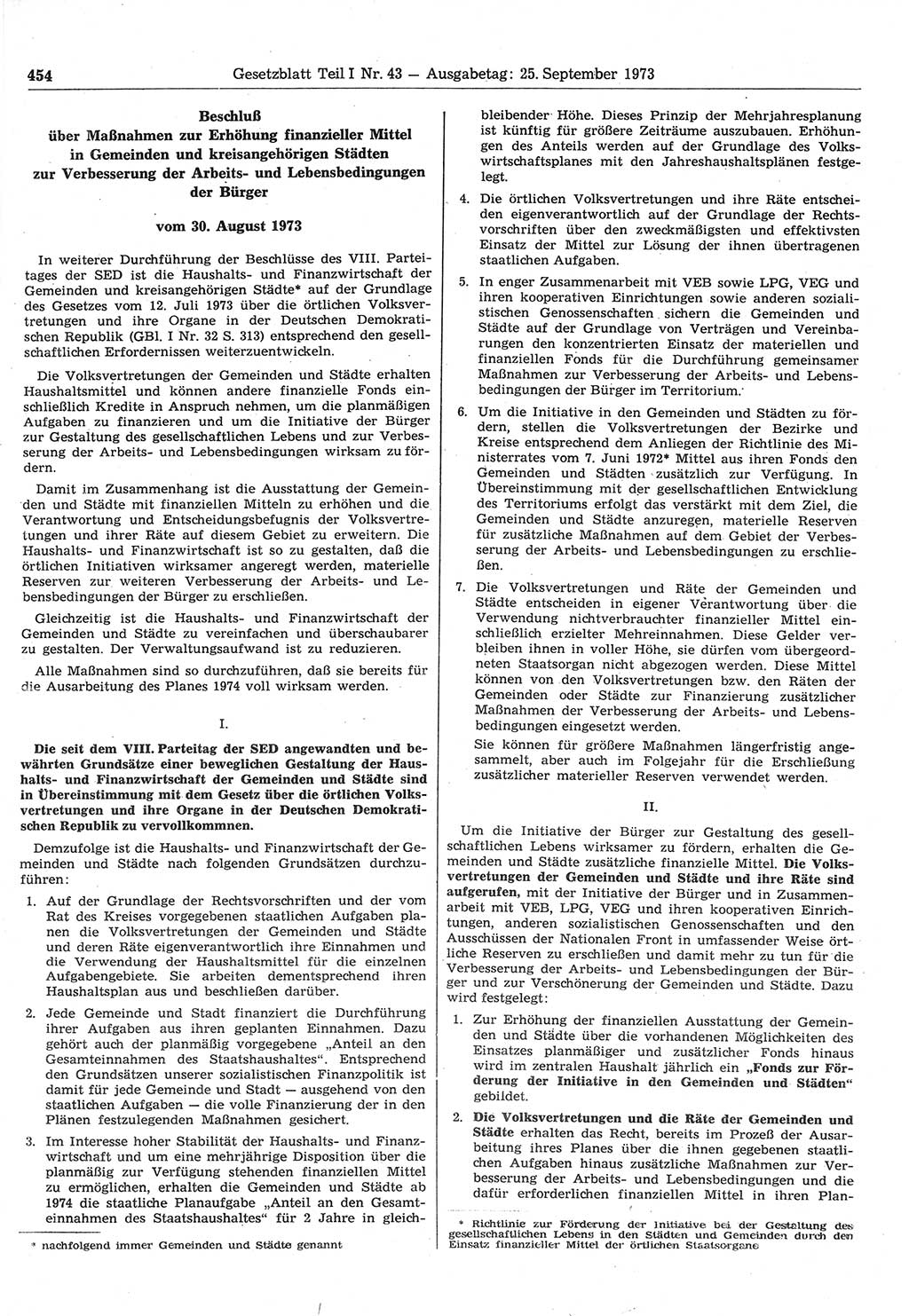 Gesetzblatt (GBl.) der Deutschen Demokratischen Republik (DDR) Teil Ⅰ 1973, Seite 454 (GBl. DDR Ⅰ 1973, S. 454)