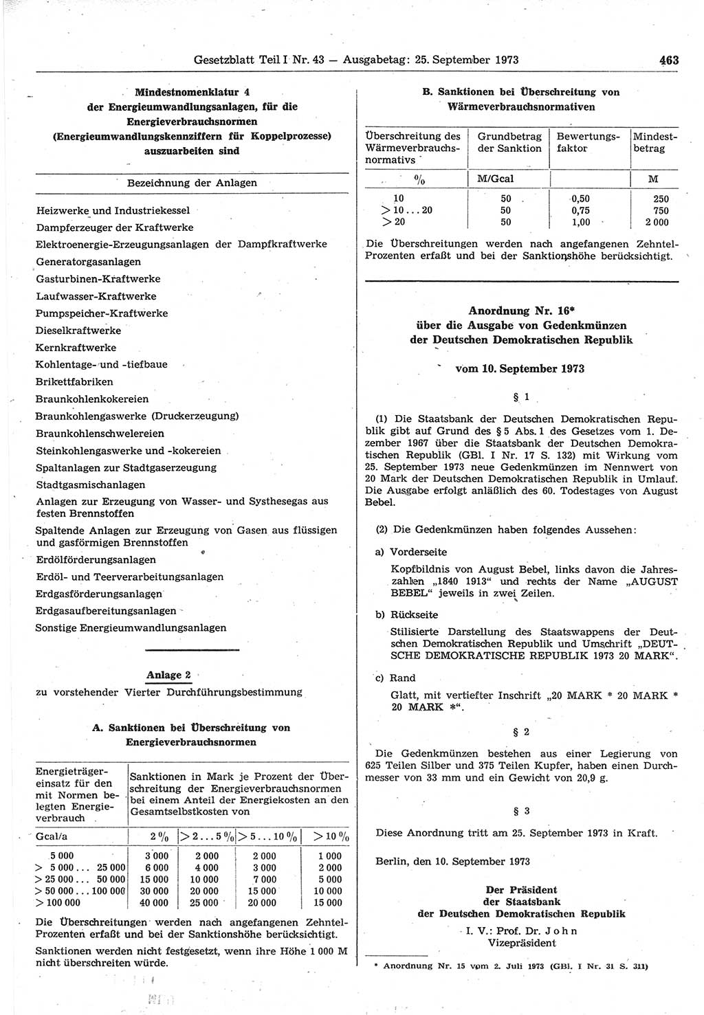 Gesetzblatt (GBl.) der Deutschen Demokratischen Republik (DDR) Teil Ⅰ 1973, Seite 463 (GBl. DDR Ⅰ 1973, S. 463)