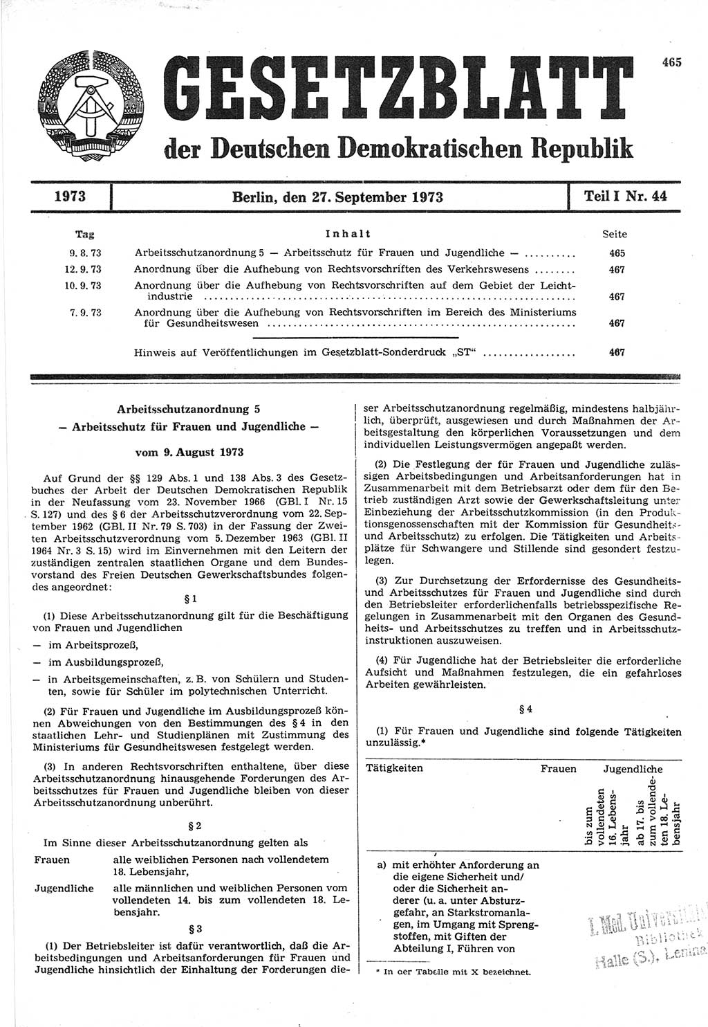 Gesetzblatt (GBl.) der Deutschen Demokratischen Republik (DDR) Teil Ⅰ 1973, Seite 465 (GBl. DDR Ⅰ 1973, S. 465)
