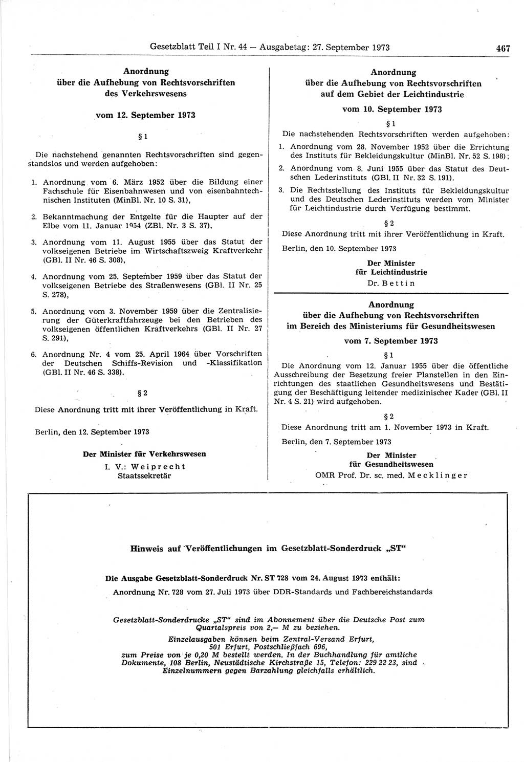 Gesetzblatt (GBl.) der Deutschen Demokratischen Republik (DDR) Teil Ⅰ 1973, Seite 467 (GBl. DDR Ⅰ 1973, S. 467)