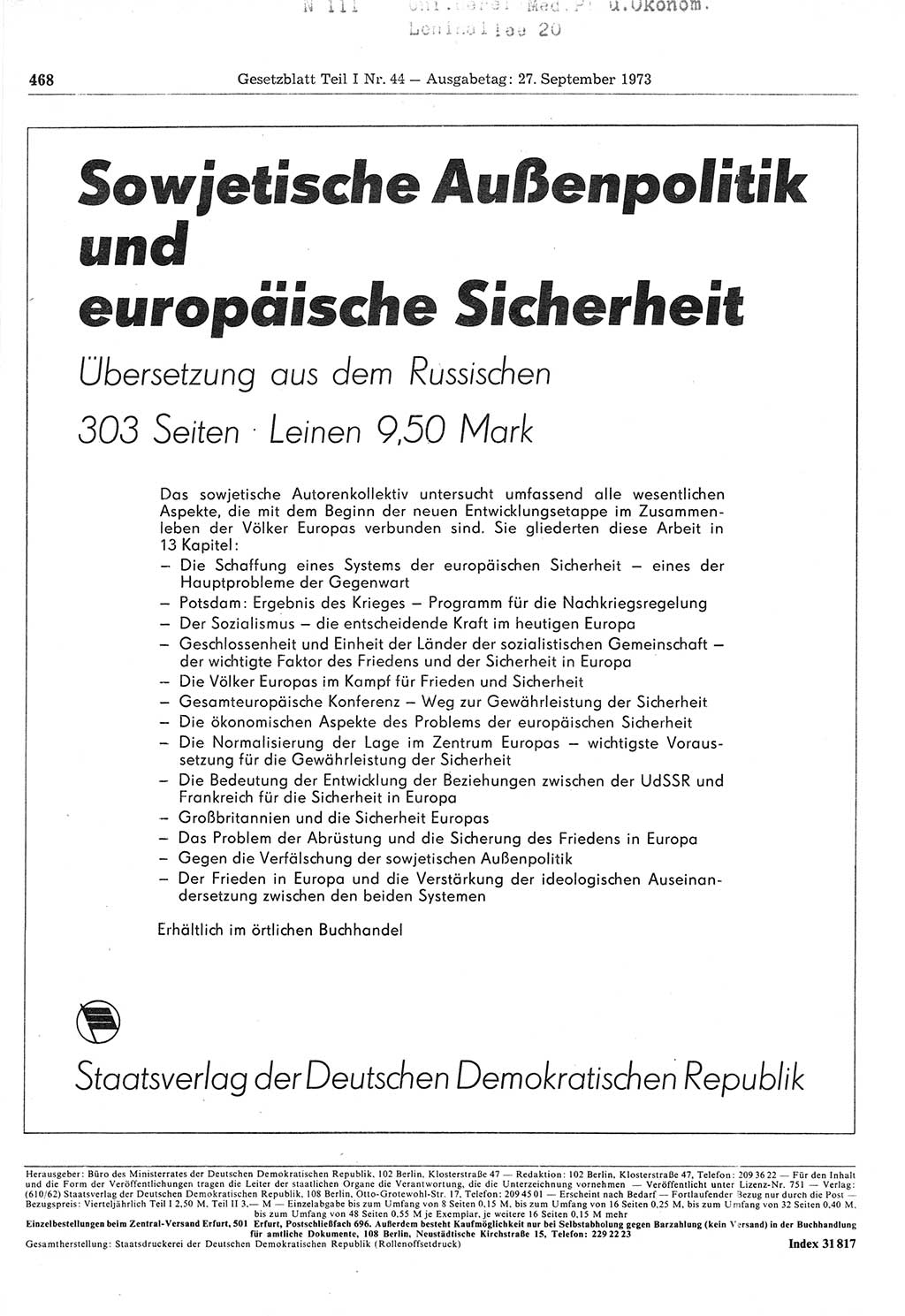 Gesetzblatt (GBl.) der Deutschen Demokratischen Republik (DDR) Teil Ⅰ 1973, Seite 468 (GBl. DDR Ⅰ 1973, S. 468)