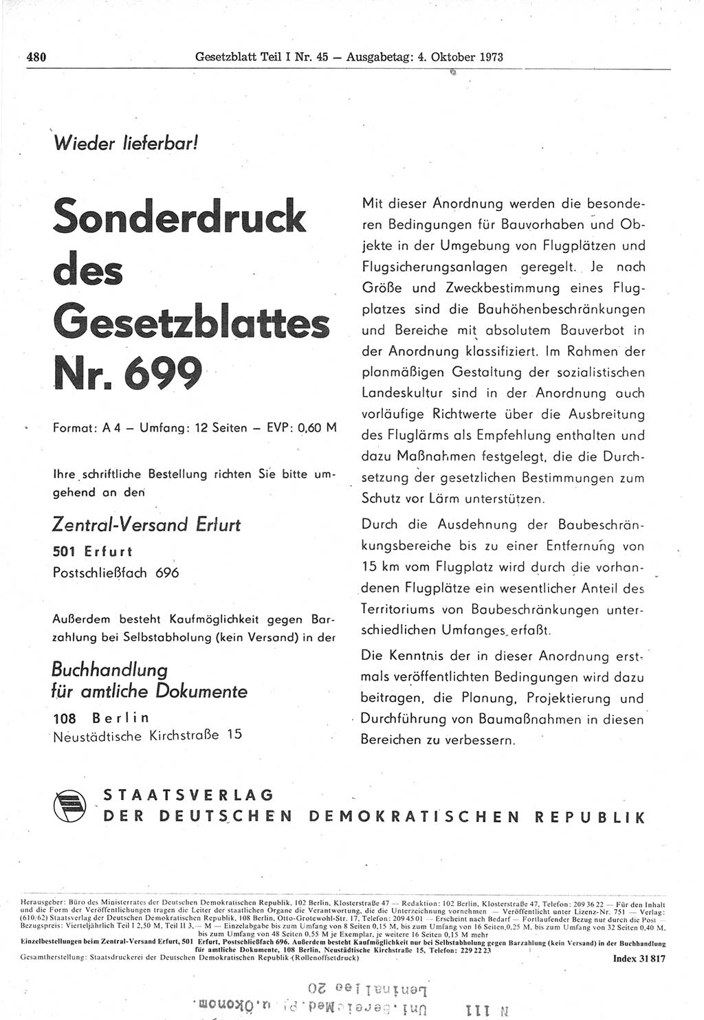 Gesetzblatt (GBl.) der Deutschen Demokratischen Republik (DDR) Teil Ⅰ 1973, Seite 480 (GBl. DDR Ⅰ 1973, S. 480)