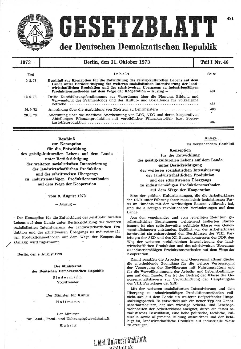 Gesetzblatt (GBl.) der Deutschen Demokratischen Republik (DDR) Teil Ⅰ 1973, Seite 481 (GBl. DDR Ⅰ 1973, S. 481)