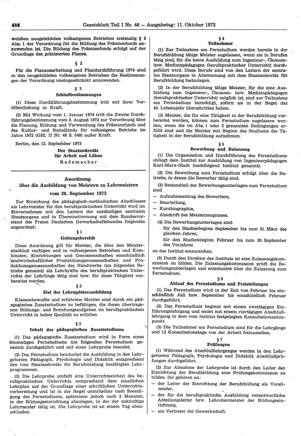 Gesetzblatt (GBl.) der Deutschen Demokratischen Republik (DDR) Teil Ⅰ 1973, Seite 486 (GBl. DDR Ⅰ 1973, S. 486)