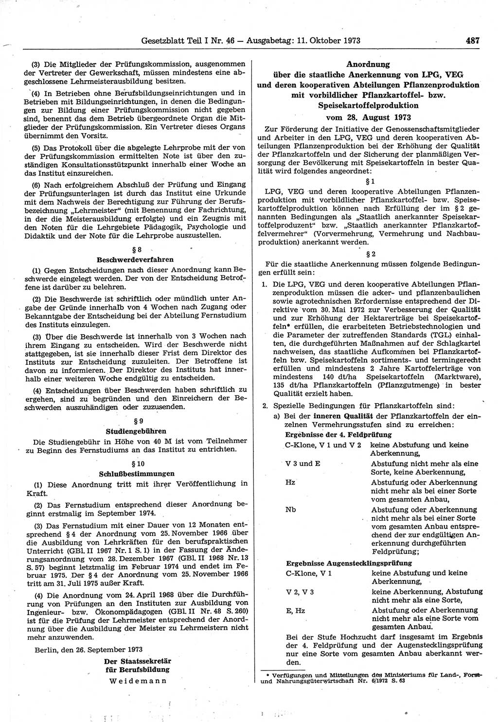Gesetzblatt (GBl.) der Deutschen Demokratischen Republik (DDR) Teil Ⅰ 1973, Seite 487 (GBl. DDR Ⅰ 1973, S. 487)
