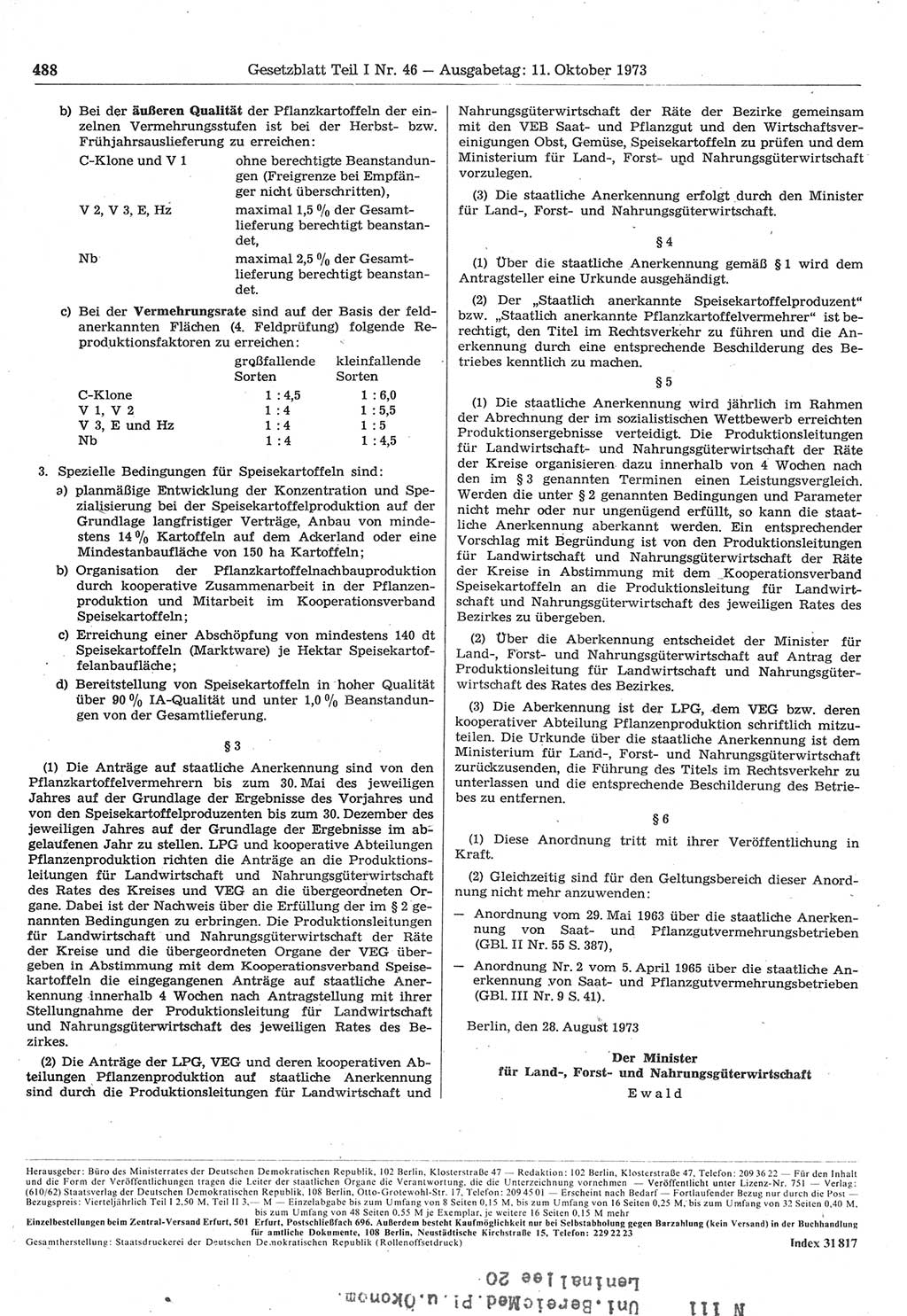 Gesetzblatt (GBl.) der Deutschen Demokratischen Republik (DDR) Teil Ⅰ 1973, Seite 488 (GBl. DDR Ⅰ 1973, S. 488)