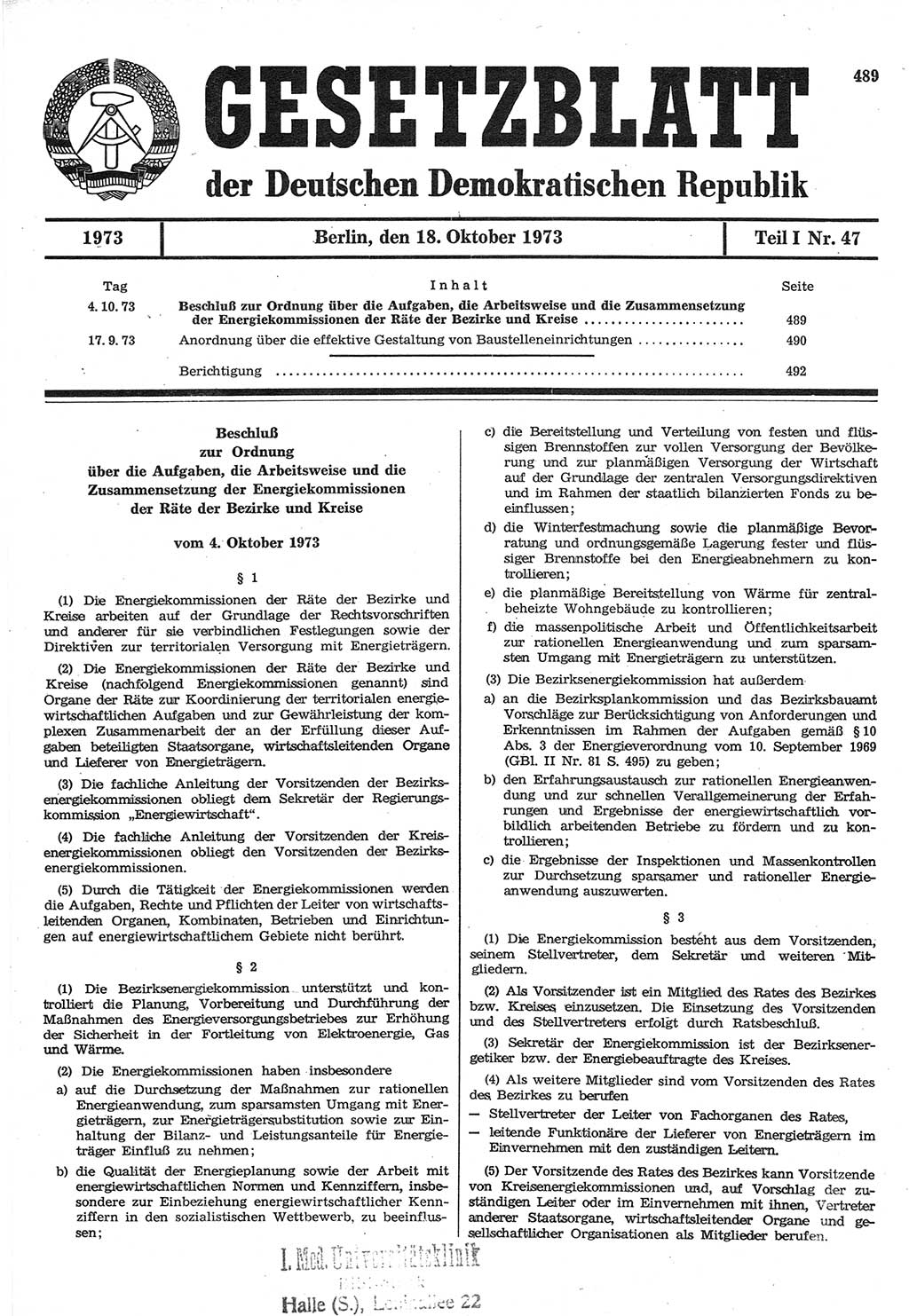 Gesetzblatt (GBl.) der Deutschen Demokratischen Republik (DDR) Teil Ⅰ 1973, Seite 489 (GBl. DDR Ⅰ 1973, S. 489)