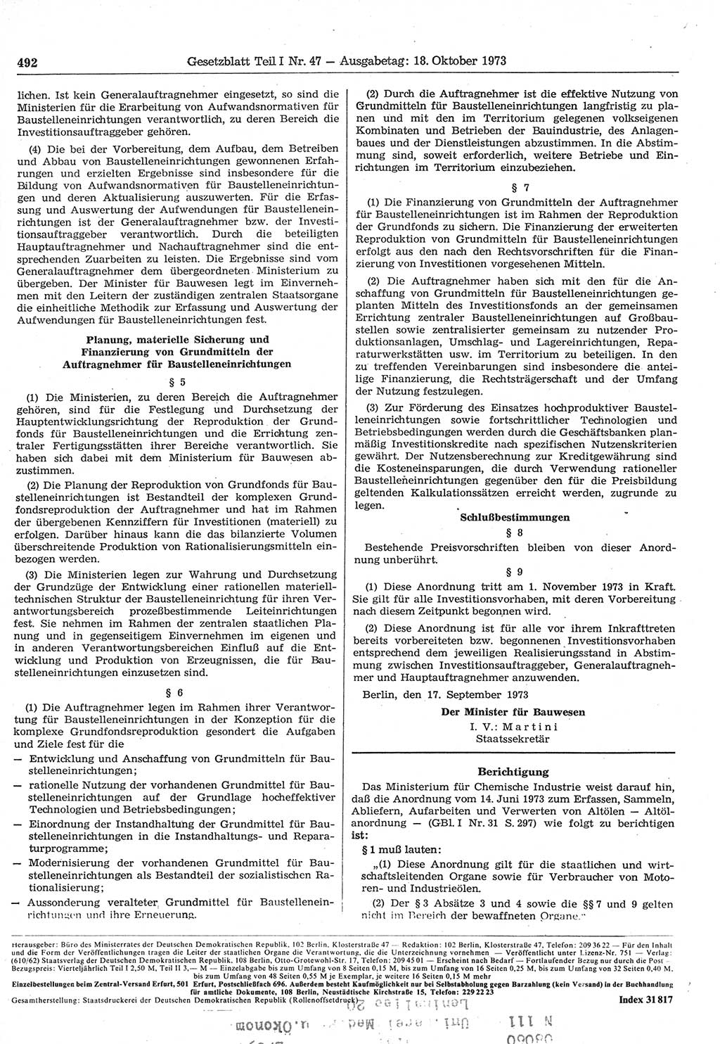 Gesetzblatt (GBl.) der Deutschen Demokratischen Republik (DDR) Teil Ⅰ 1973, Seite 492 (GBl. DDR Ⅰ 1973, S. 492)
