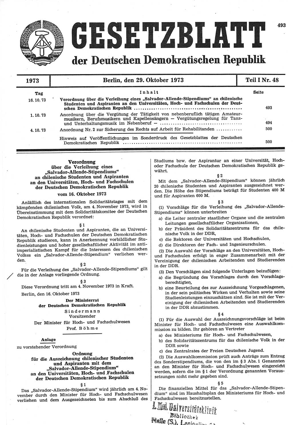 Gesetzblatt (GBl.) der Deutschen Demokratischen Republik (DDR) Teil Ⅰ 1973, Seite 493 (GBl. DDR Ⅰ 1973, S. 493)
