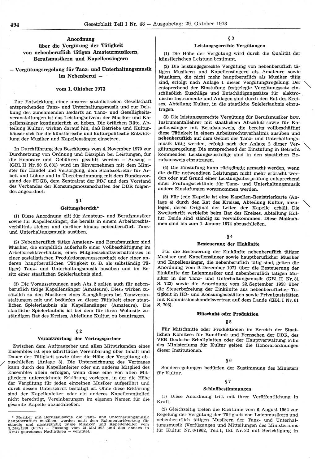 Gesetzblatt (GBl.) der Deutschen Demokratischen Republik (DDR) Teil Ⅰ 1973, Seite 494 (GBl. DDR Ⅰ 1973, S. 494)
