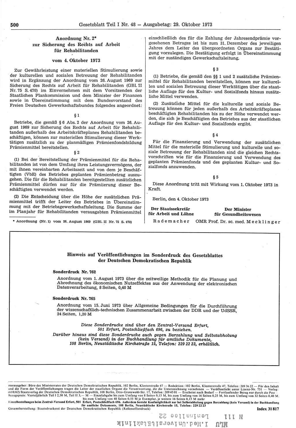 Gesetzblatt (GBl.) der Deutschen Demokratischen Republik (DDR) Teil Ⅰ 1973, Seite 500 (GBl. DDR Ⅰ 1973, S. 500)