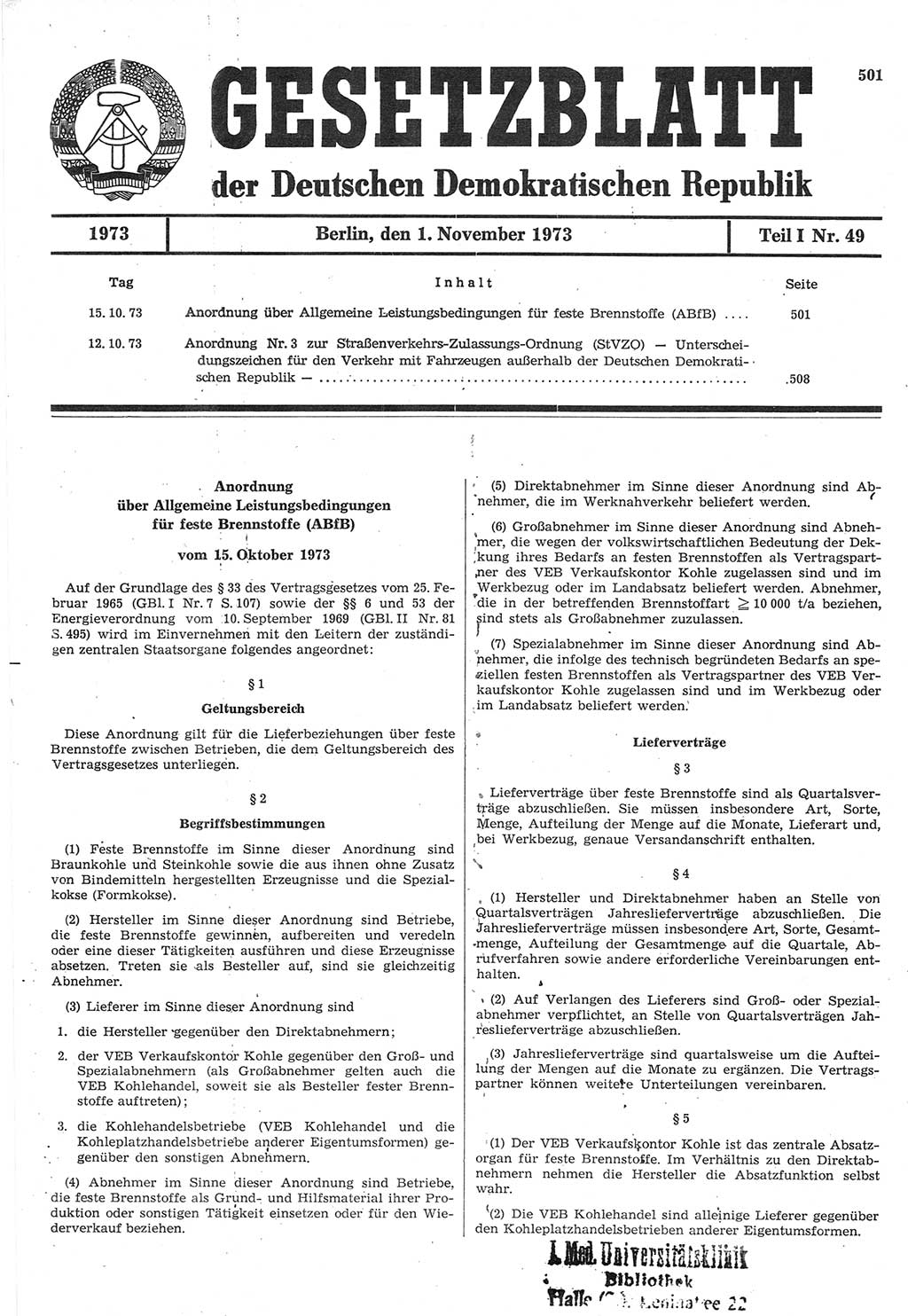 Gesetzblatt (GBl.) der Deutschen Demokratischen Republik (DDR) Teil Ⅰ 1973, Seite 501 (GBl. DDR Ⅰ 1973, S. 501)