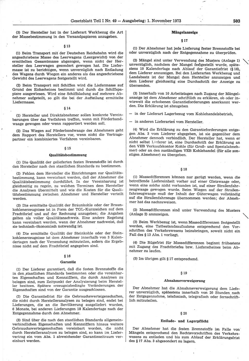 Gesetzblatt (GBl.) der Deutschen Demokratischen Republik (DDR) Teil Ⅰ 1973, Seite 503 (GBl. DDR Ⅰ 1973, S. 503)