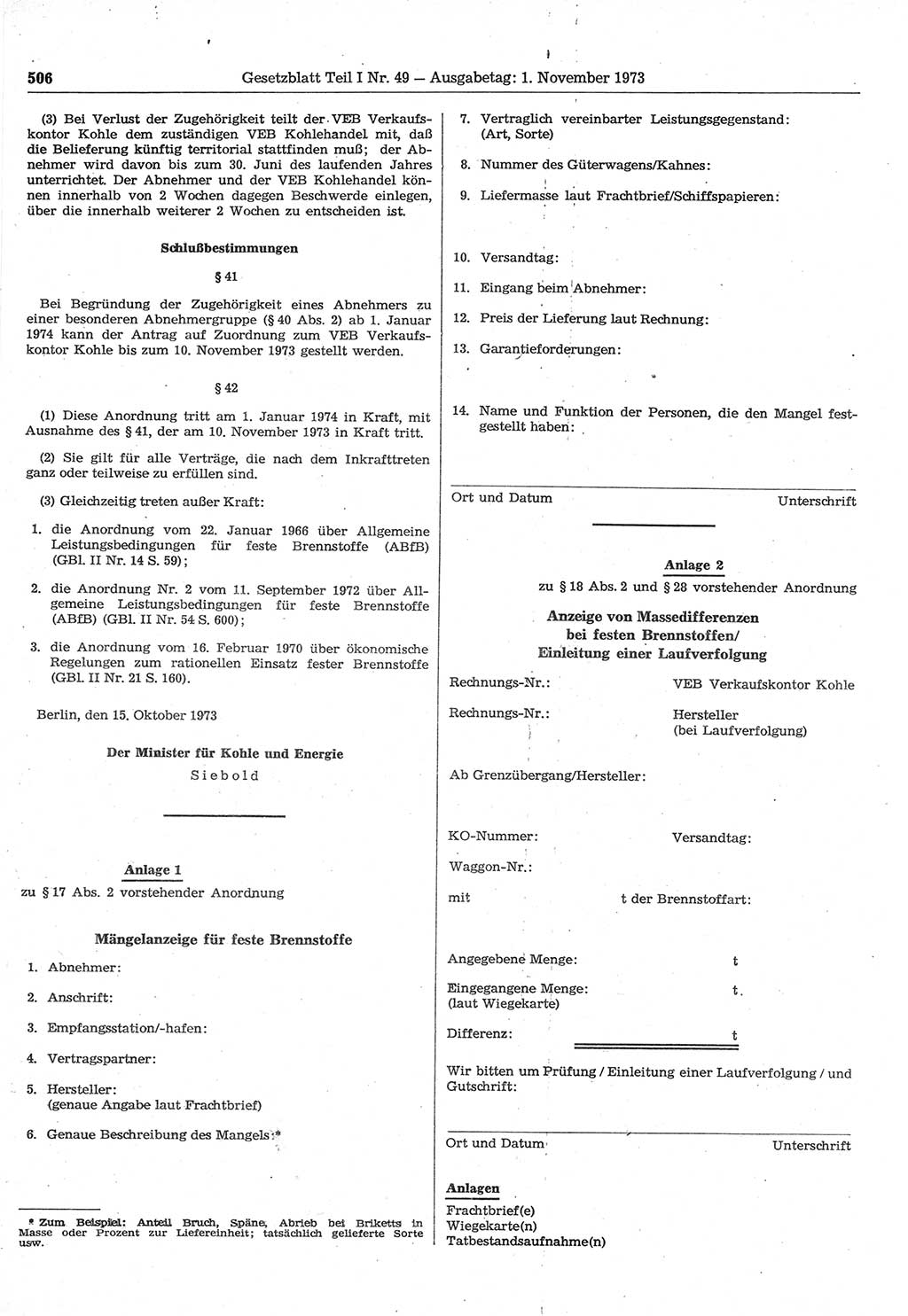 Gesetzblatt (GBl.) der Deutschen Demokratischen Republik (DDR) Teil Ⅰ 1973, Seite 506 (GBl. DDR Ⅰ 1973, S. 506)