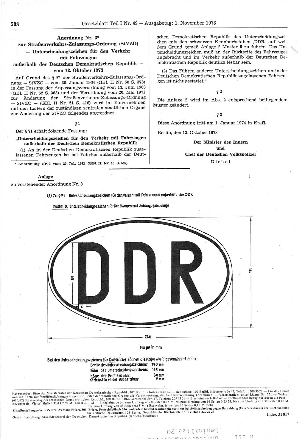 Gesetzblatt (GBl.) der Deutschen Demokratischen Republik (DDR) Teil Ⅰ 1973, Seite 508 (GBl. DDR Ⅰ 1973, S. 508)