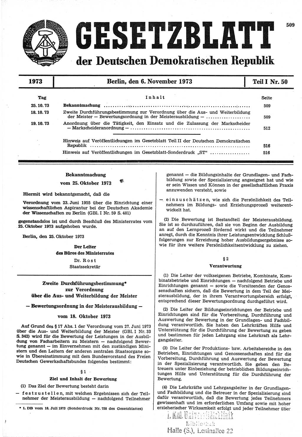 Gesetzblatt (GBl.) der Deutschen Demokratischen Republik (DDR) Teil Ⅰ 1973, Seite 509 (GBl. DDR Ⅰ 1973, S. 509)