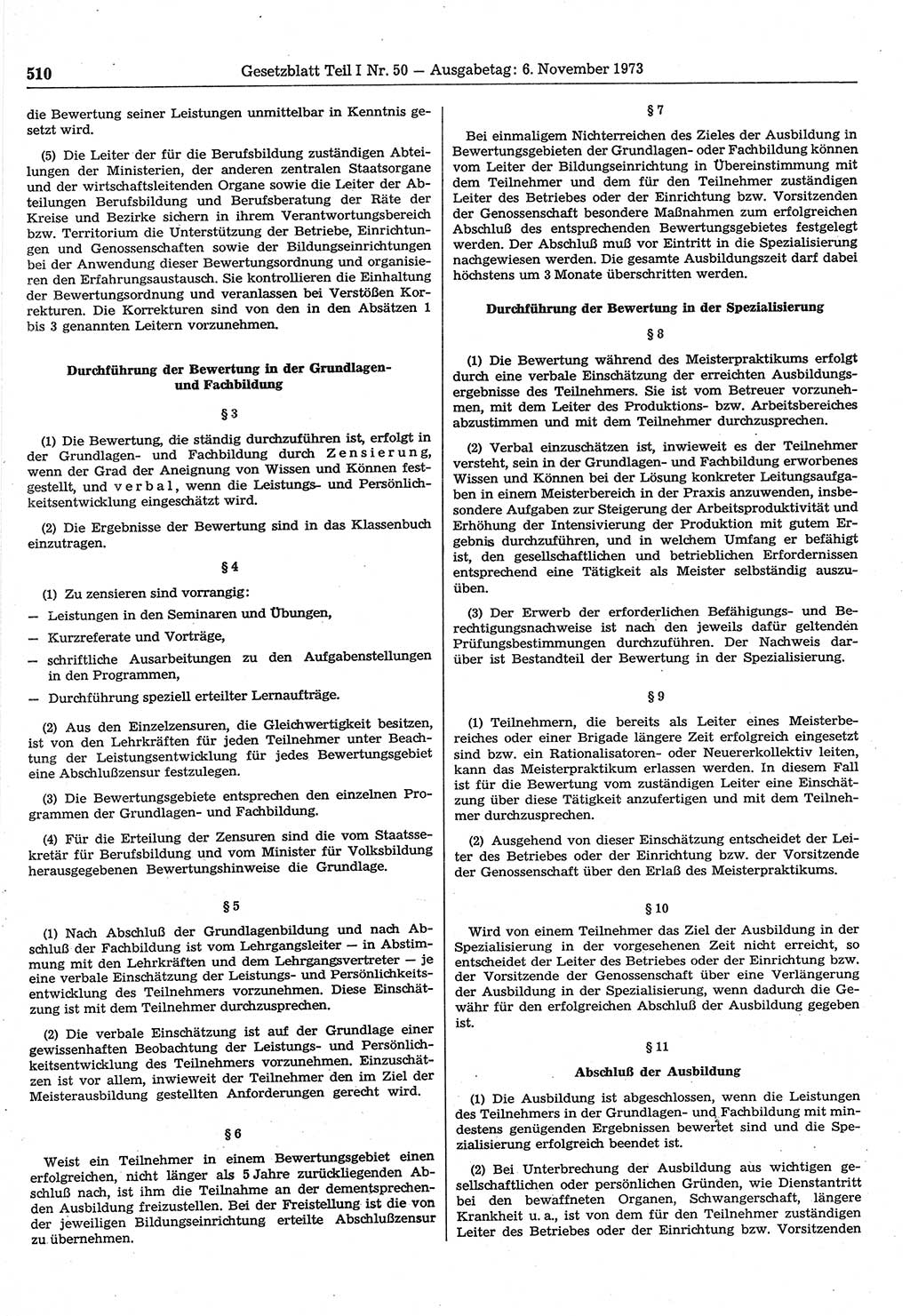 Gesetzblatt (GBl.) der Deutschen Demokratischen Republik (DDR) Teil Ⅰ 1973, Seite 510 (GBl. DDR Ⅰ 1973, S. 510)