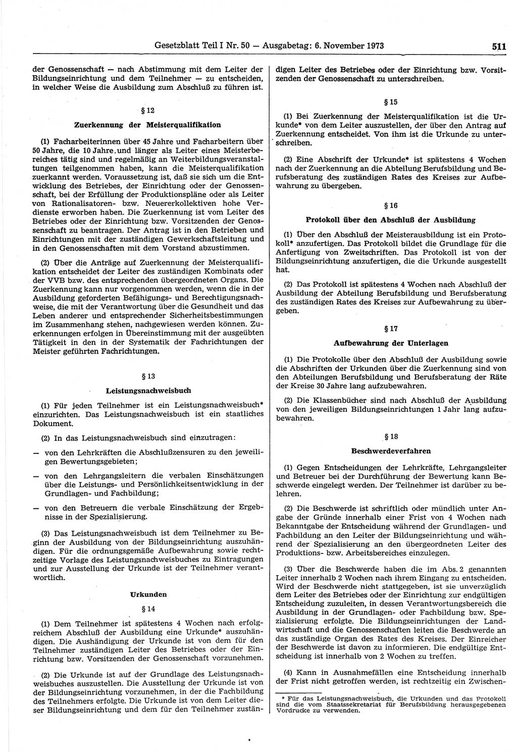 Gesetzblatt (GBl.) der Deutschen Demokratischen Republik (DDR) Teil Ⅰ 1973, Seite 511 (GBl. DDR Ⅰ 1973, S. 511)