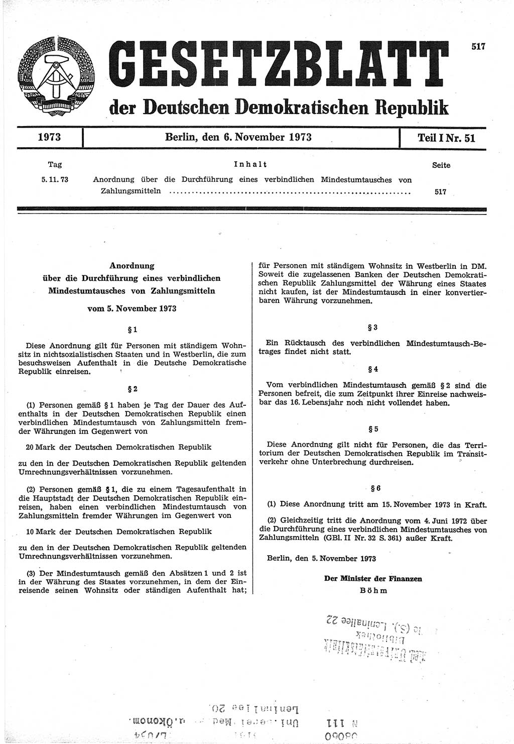 Gesetzblatt (GBl.) der Deutschen Demokratischen Republik (DDR) Teil Ⅰ 1973, Seite 517 (GBl. DDR Ⅰ 1973, S. 517)