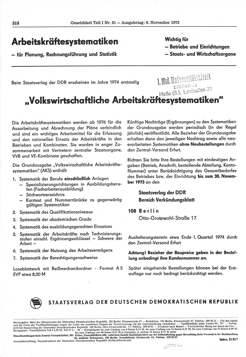 Gesetzblatt (GBl.) der Deutschen Demokratischen Republik (DDR) Teil Ⅰ 1973, Seite 518 (GBl. DDR Ⅰ 1973, S. 518)