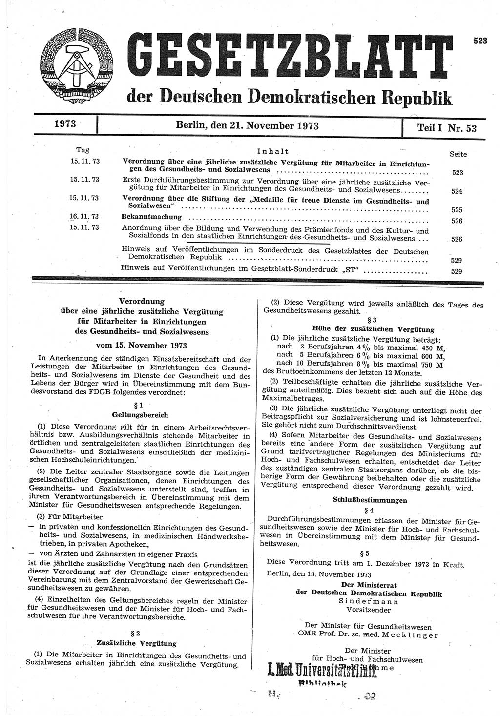 Gesetzblatt (GBl.) der Deutschen Demokratischen Republik (DDR) Teil Ⅰ 1973, Seite 523 (GBl. DDR Ⅰ 1973, S. 523)