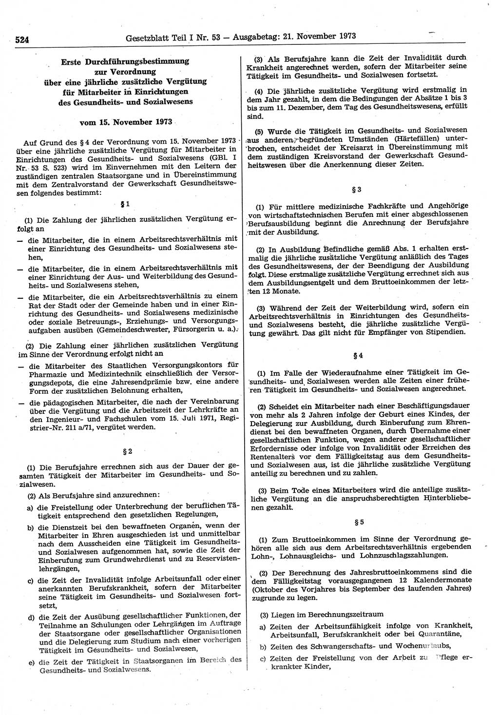 Gesetzblatt (GBl.) der Deutschen Demokratischen Republik (DDR) Teil Ⅰ 1973, Seite 524 (GBl. DDR Ⅰ 1973, S. 524)