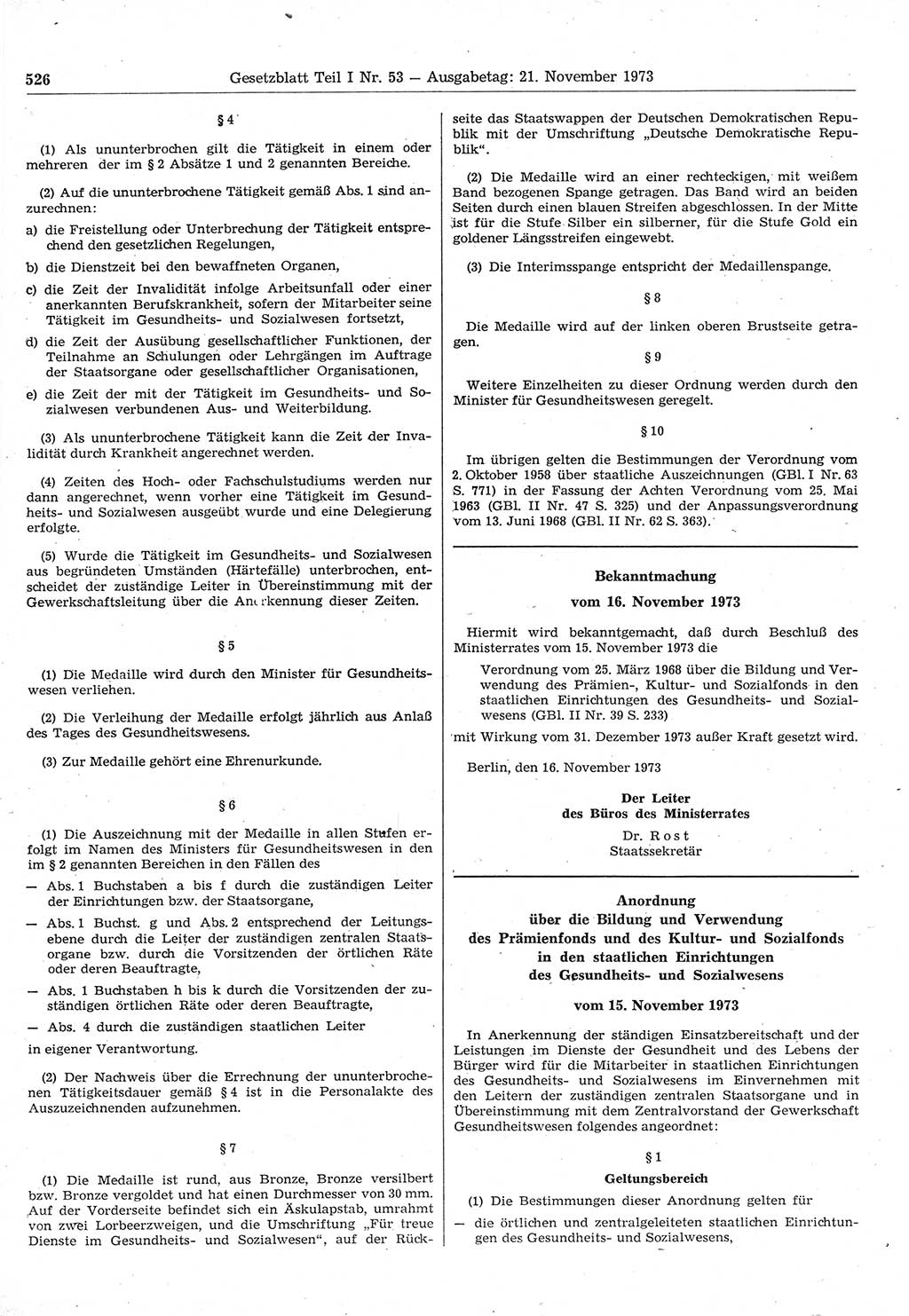 Gesetzblatt (GBl.) der Deutschen Demokratischen Republik (DDR) Teil Ⅰ 1973, Seite 526 (GBl. DDR Ⅰ 1973, S. 526)
