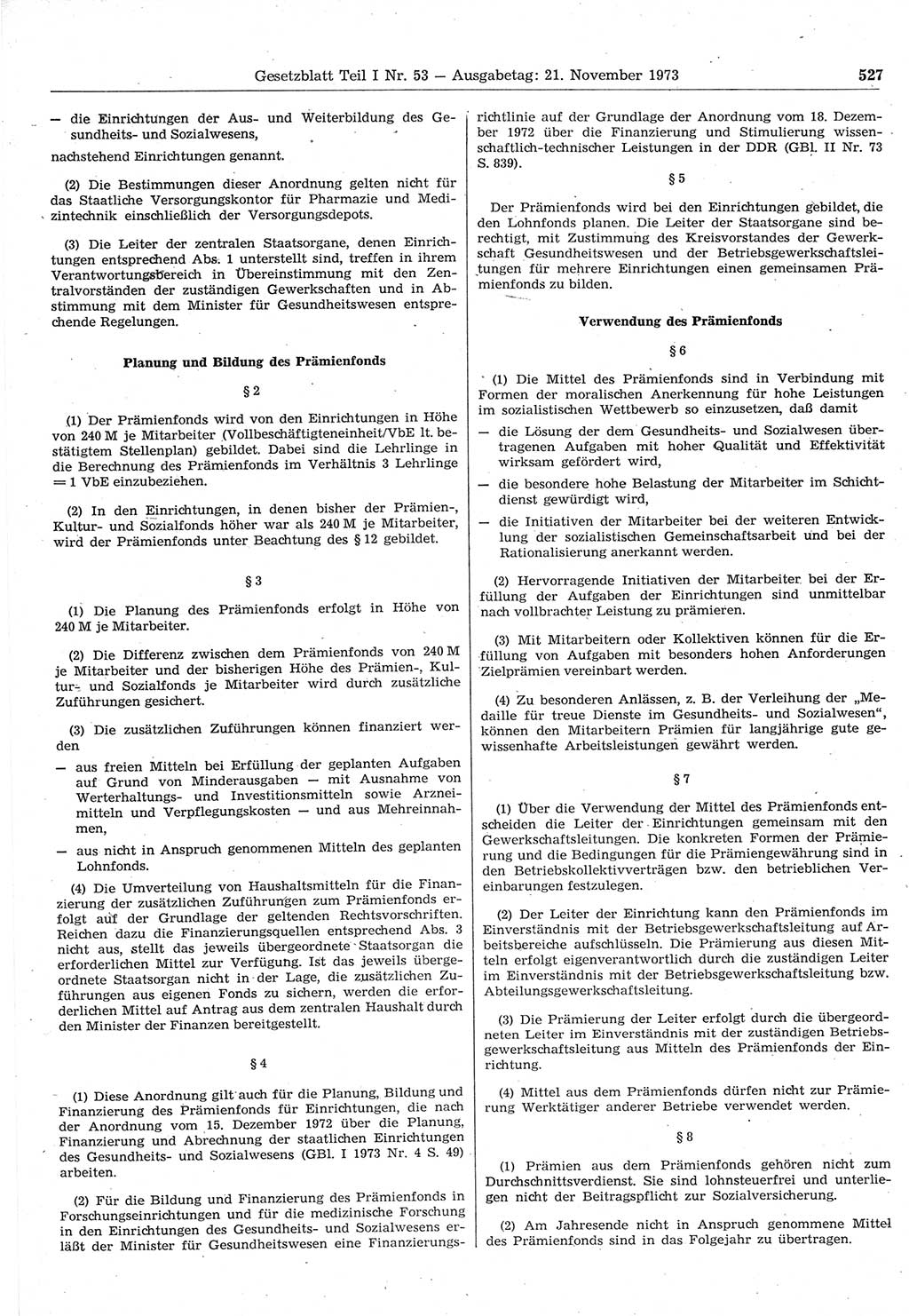 Gesetzblatt (GBl.) der Deutschen Demokratischen Republik (DDR) Teil Ⅰ 1973, Seite 527 (GBl. DDR Ⅰ 1973, S. 527)