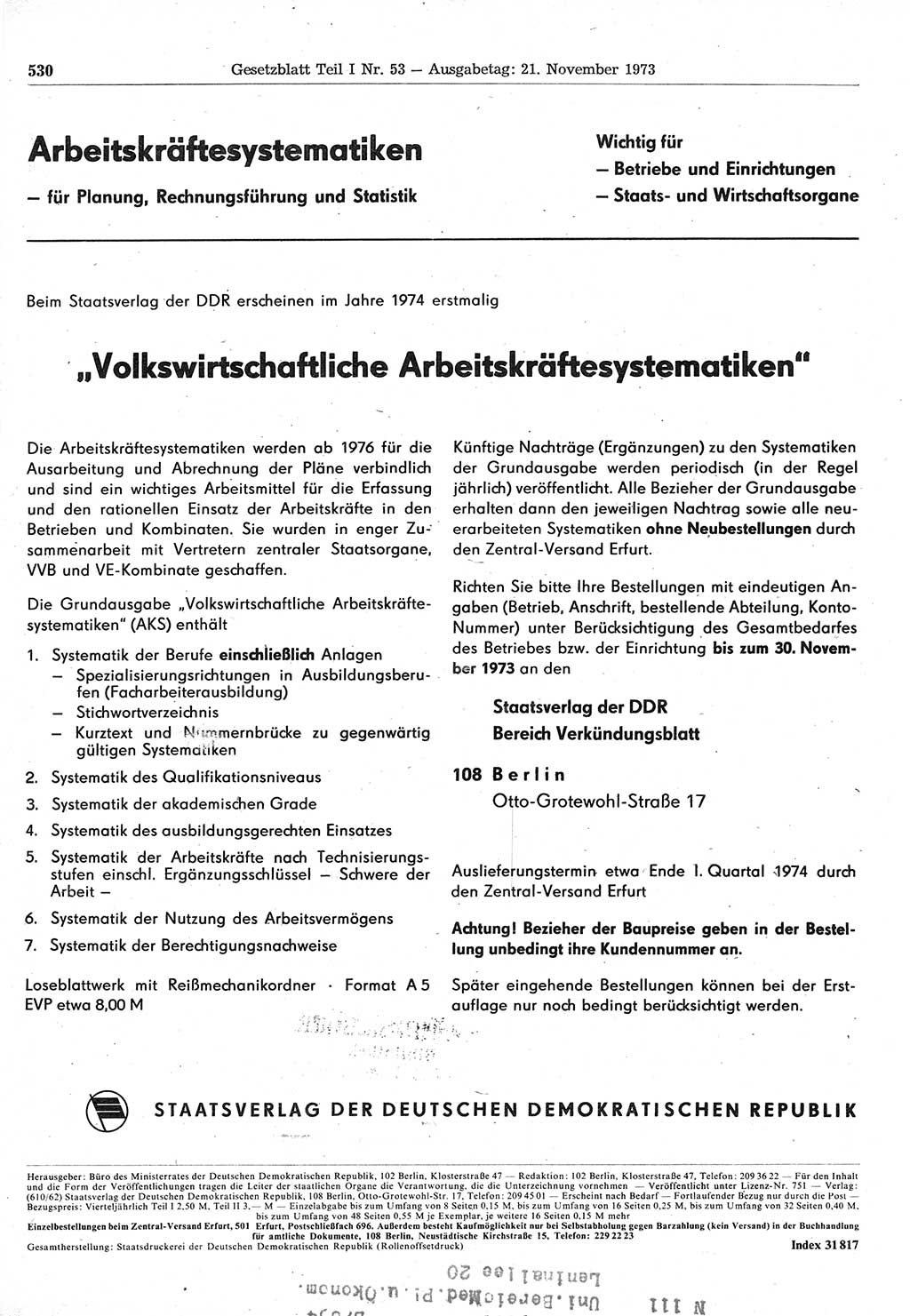 Gesetzblatt (GBl.) der Deutschen Demokratischen Republik (DDR) Teil Ⅰ 1973, Seite 530 (GBl. DDR Ⅰ 1973, S. 530)